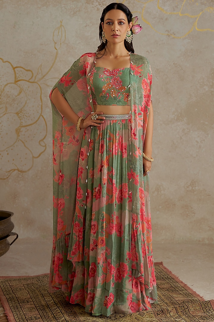 Sage Green Georgette Printed Jacket Wedding Lehenga Set by Chhavvi Aggarwal at Pernia's Pop Up Shop