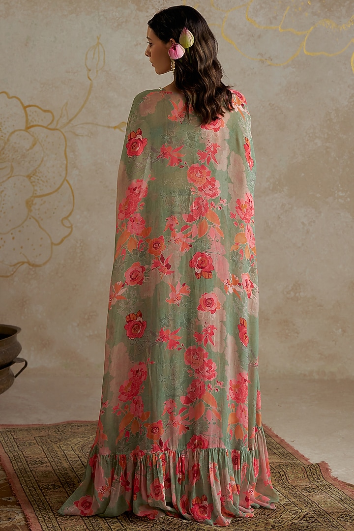 Sage Green Georgette Printed Jacket Wedding Lehenga Set by Chhavvi Aggarwal at Pernia's Pop Up Shop