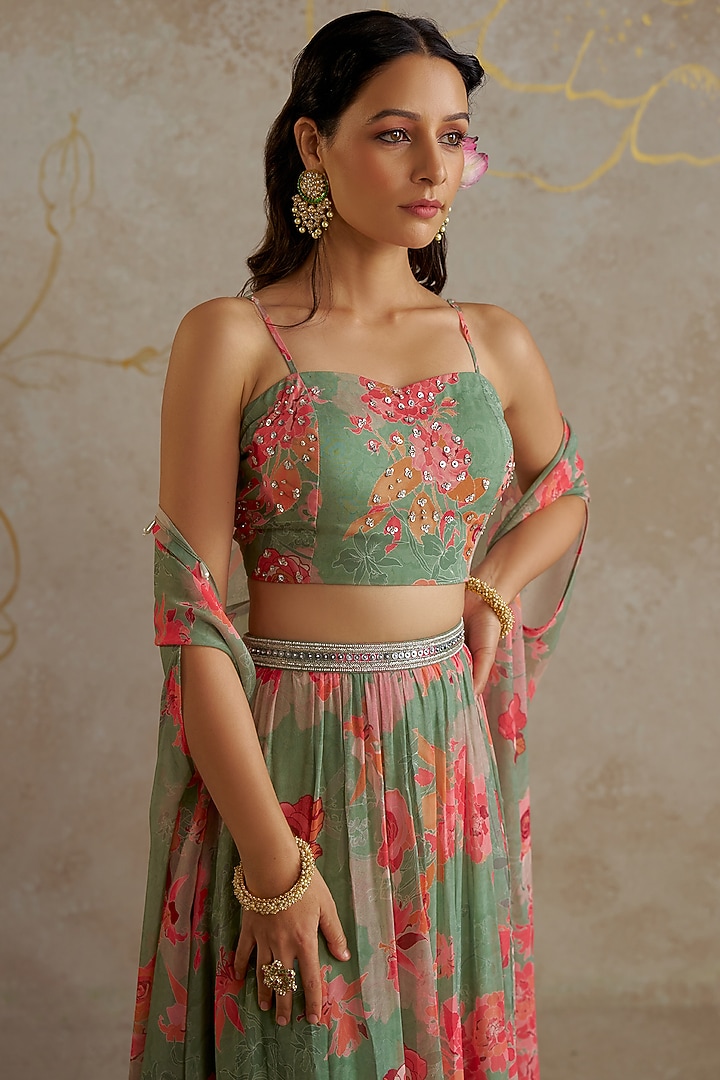 Sage Green Georgette Printed Jacket Wedding Lehenga Set by Chhavvi Aggarwal at Pernia's Pop Up Shop