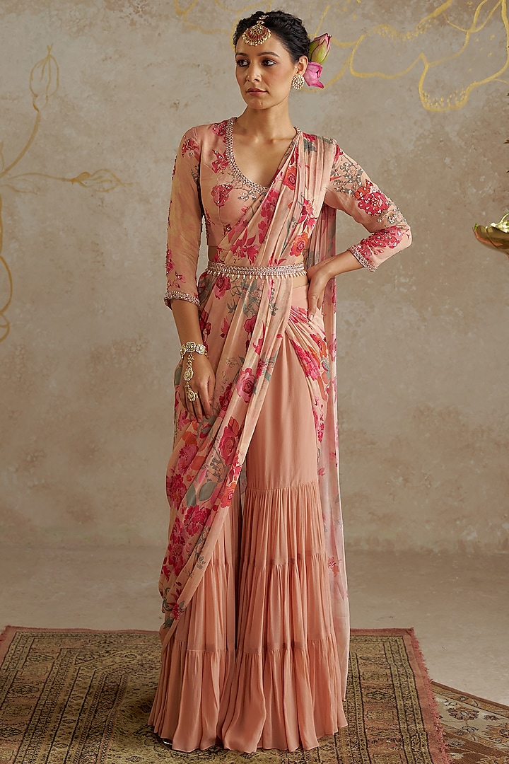 Beige Georgette Sharara Saree Set by Chhavvi Aggarwal at Pernia's Pop Up Shop