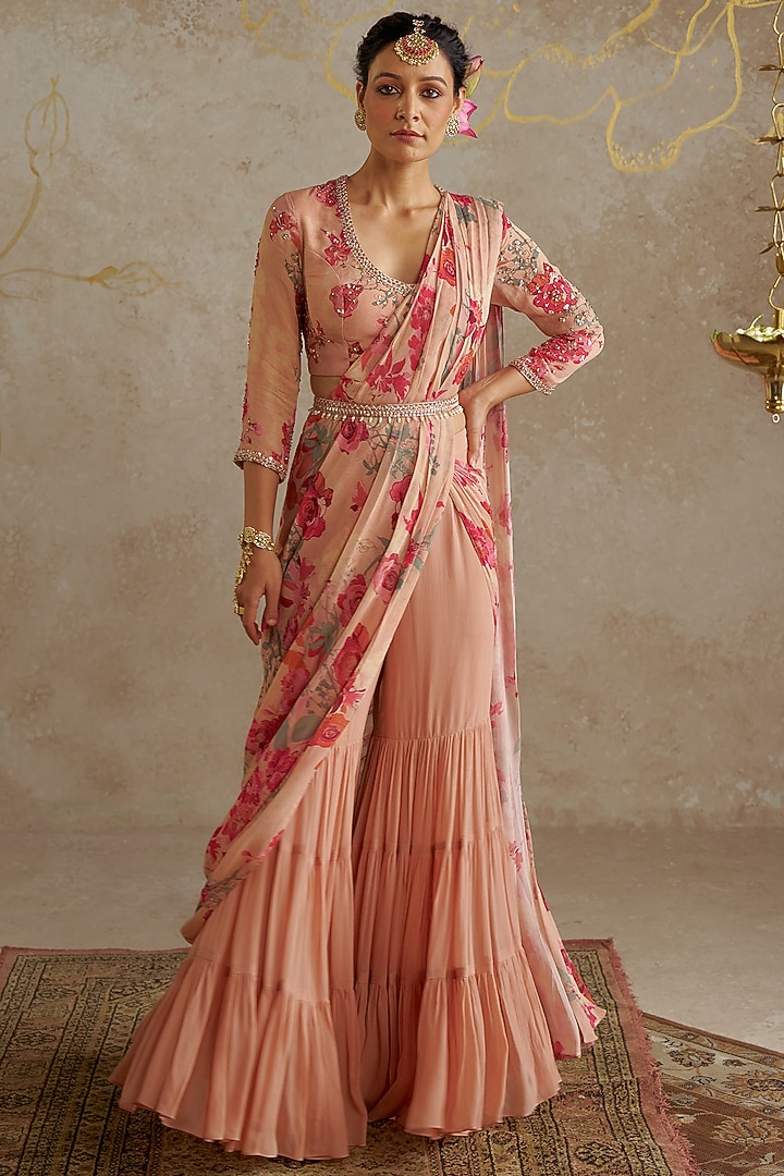 Beige Georgette Sharara Wedding Saree Set by Chhavvi Aggarwal at Pernia's Pop Up Shop
