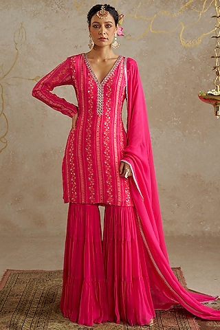 Pink Georgette Sharara Set by Chhavvi Aggarwal