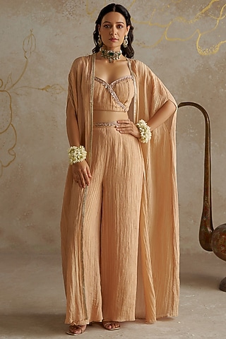 Beige Crushed Tissue Cape Set by Chhavvi Aggarwal