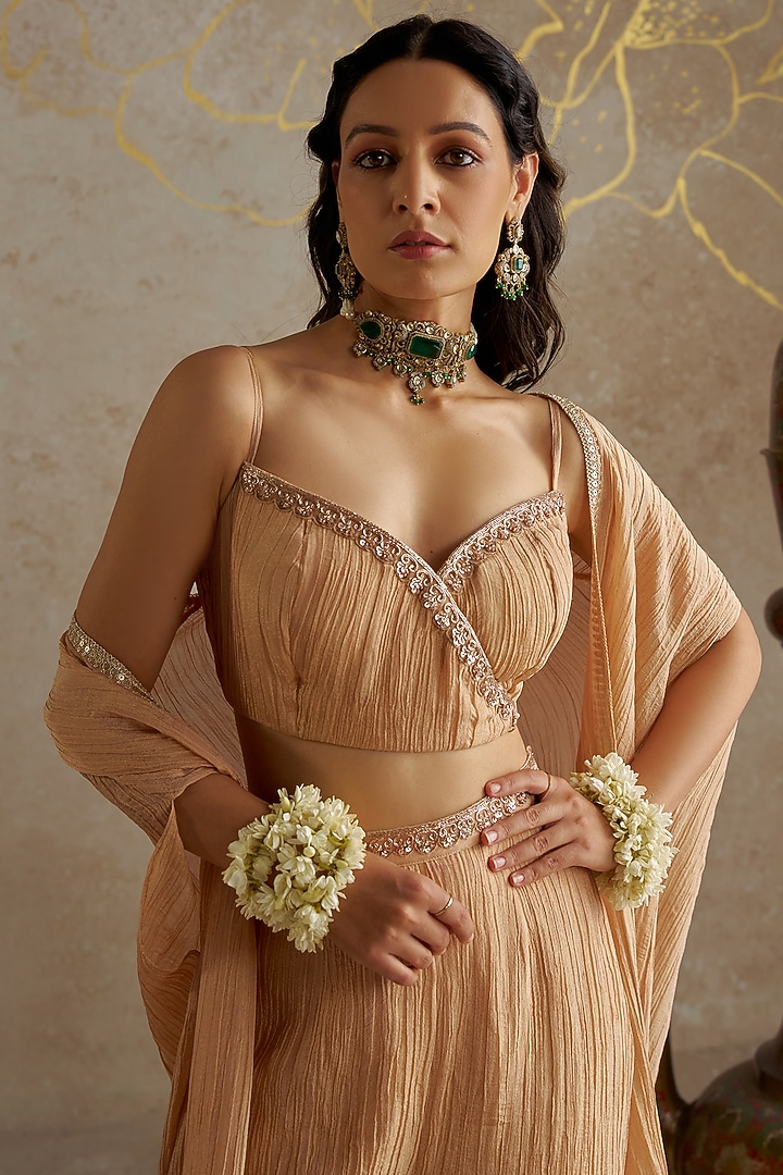 Beige Crushed Tissue Cape Set by Chhavvi Aggarwal at Pernia's Pop Up Shop