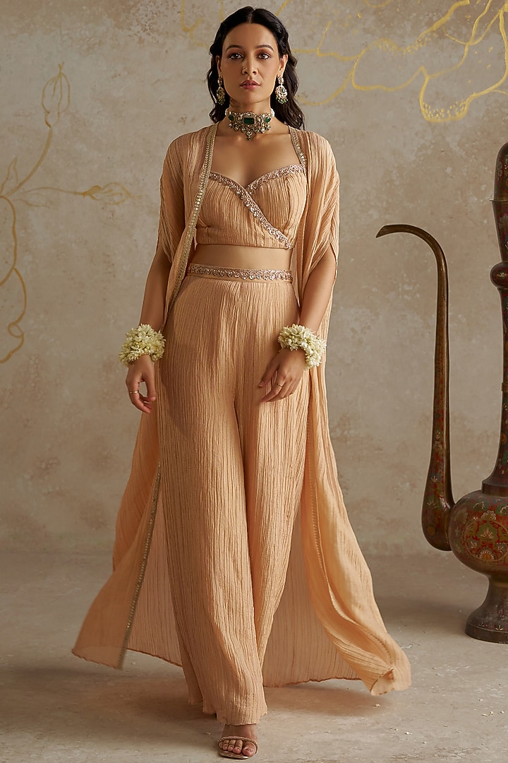 Beige Crushed Tissue Cape Set by Chhavvi Aggarwal at Pernia's Pop Up Shop