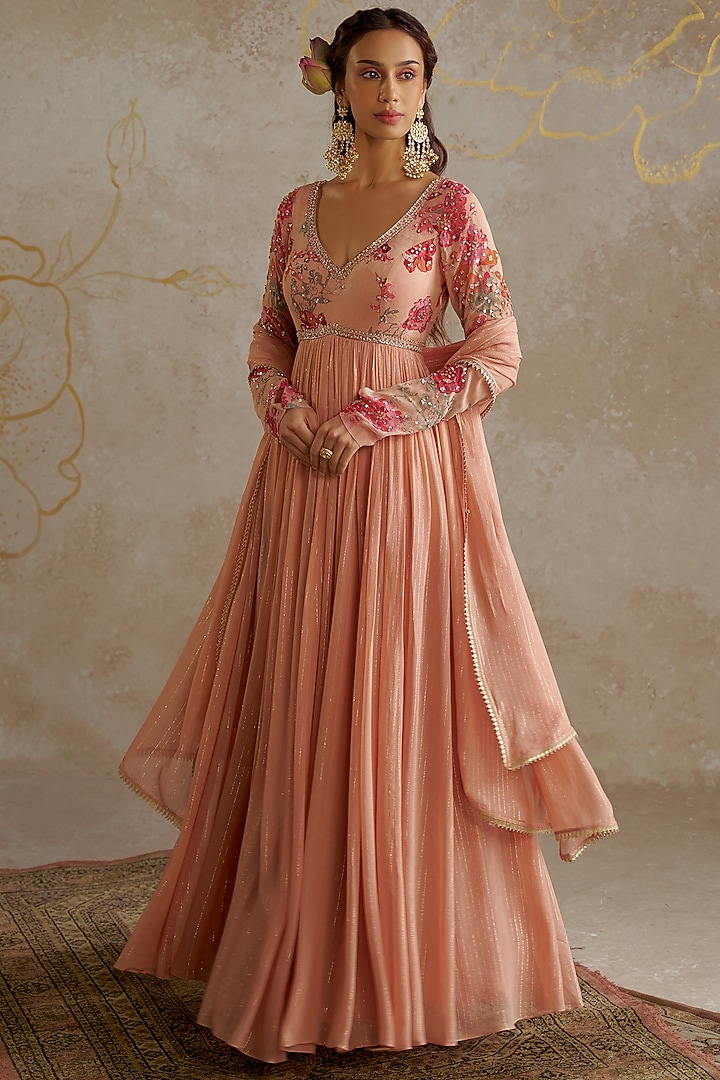 Beige Lurex Georgette Hand Embroidered Wedding Anarkali Set by Chhavvi Aggarwal at Pernia's Pop Up Shop