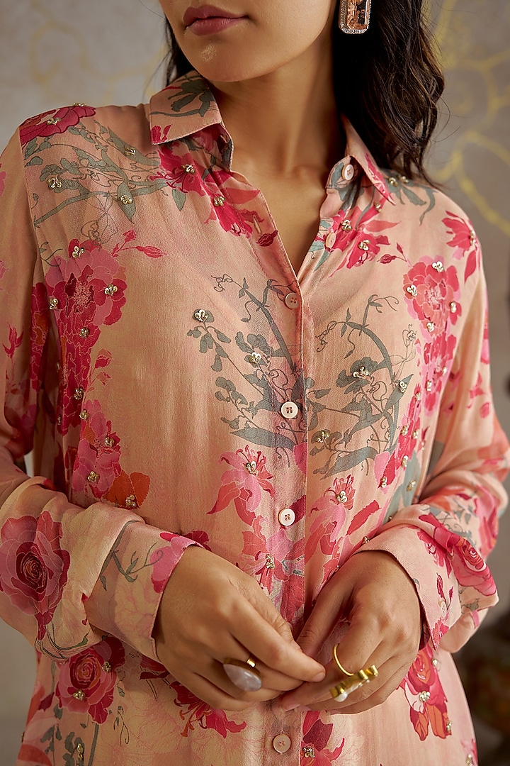 Beige Georgette Printed & Embroidered Co-Ord Set by Chhavvi Aggarwal at Pernia's Pop Up Shop