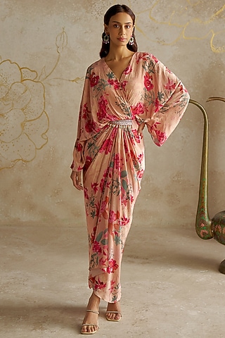 Beige Crepe Printed Draped Dress by Chhavvi Aggarwal