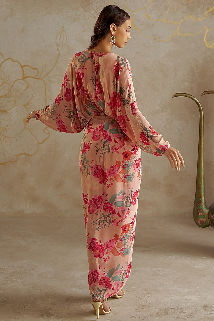 Beige Crepe Printed Draped Vacation Dress by Chhavvi Aggarwal at Pernia's Pop Up Shop