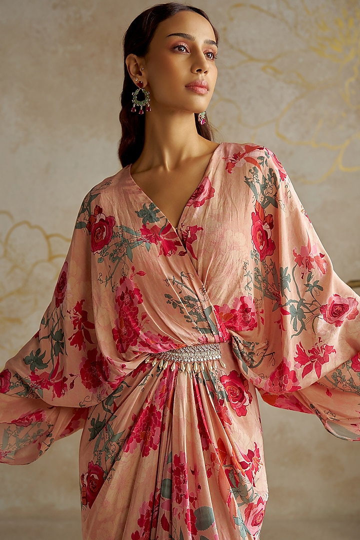 Beige Crepe Printed Draped Vacation Dress by Chhavvi Aggarwal at Pernia's Pop Up Shop