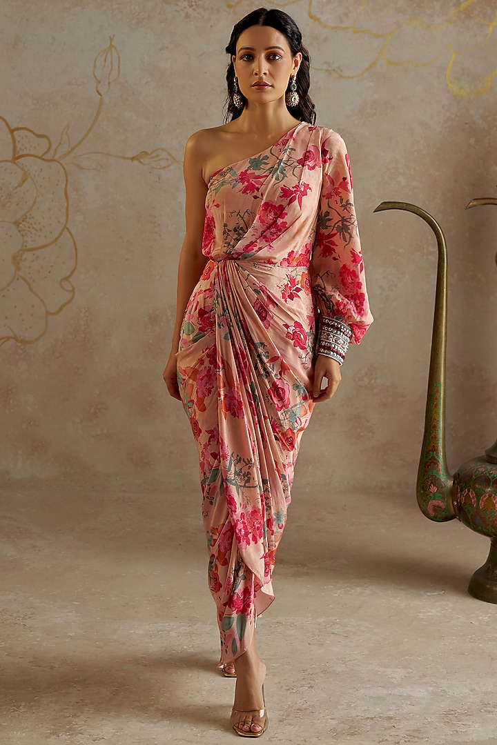 Beige Crepe Printed One-Shoulder Dress by Chhavvi Aggarwal at Pernia's Pop Up Shop