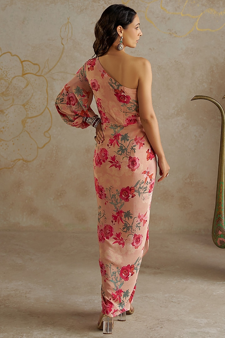 Beige Crepe Printed One-Shoulder Vacation Dress by Chhavvi Aggarwal at Pernia's Pop Up Shop