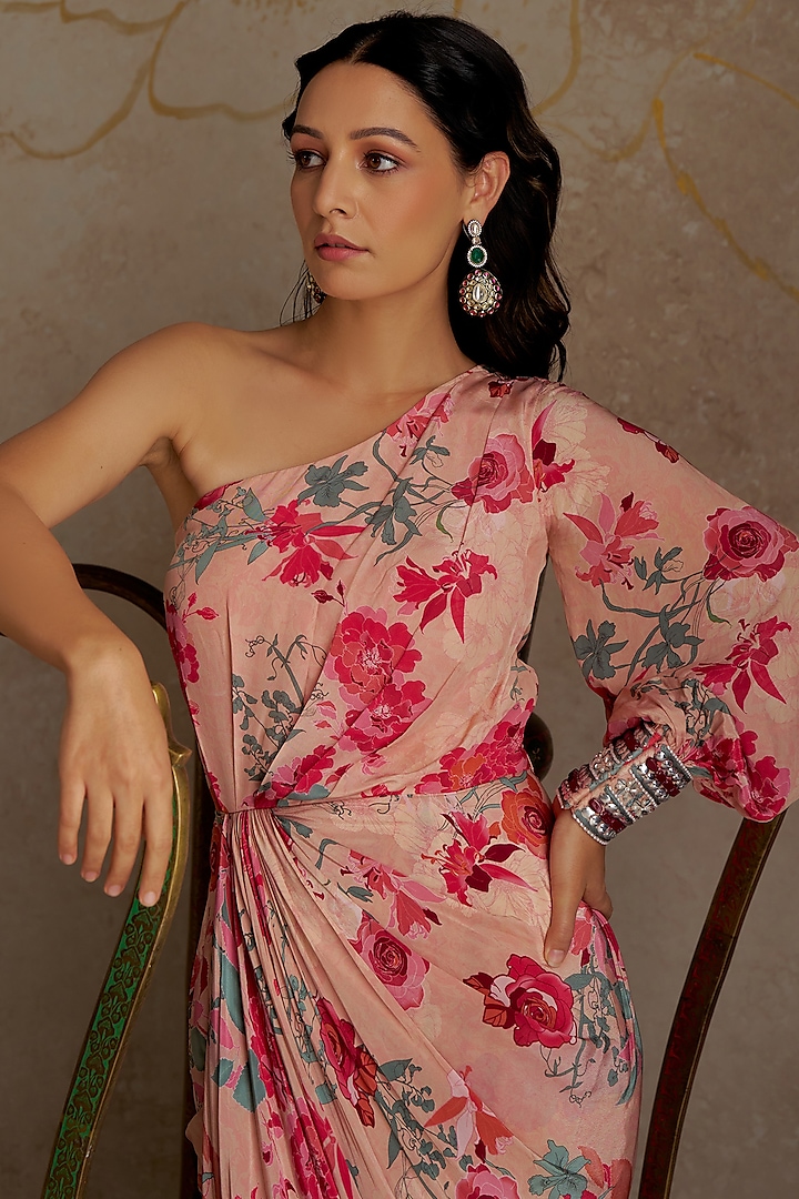 Beige Crepe Printed One-Shoulder Vacation Dress by Chhavvi Aggarwal at Pernia's Pop Up Shop