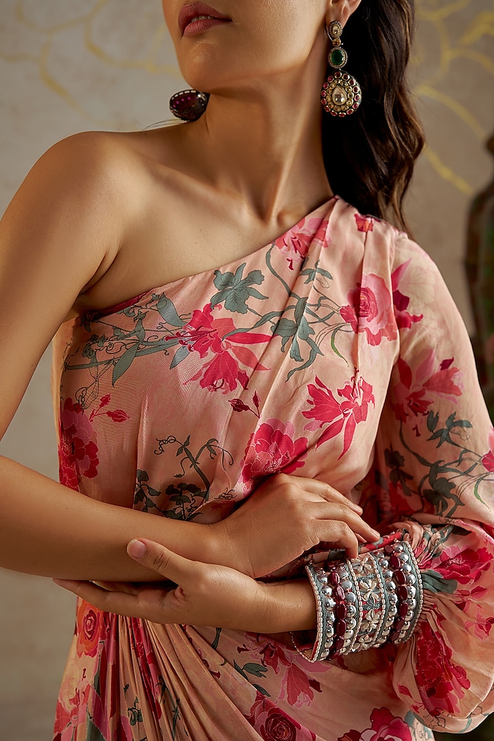 Beige Crepe Printed One-Shoulder Vacation Dress by Chhavvi Aggarwal at Pernia's Pop Up Shop