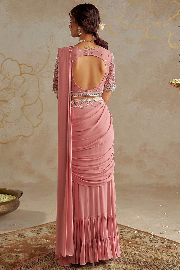 Light Pink Georgette Pre-Draped Wedding Saree Set by Chhavvi Aggarwal at Pernia's Pop Up Shop