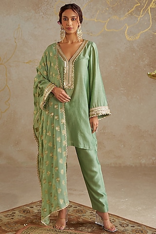 Sage Green Chanderi Kurta Set by Chhavvi Aggarwal
