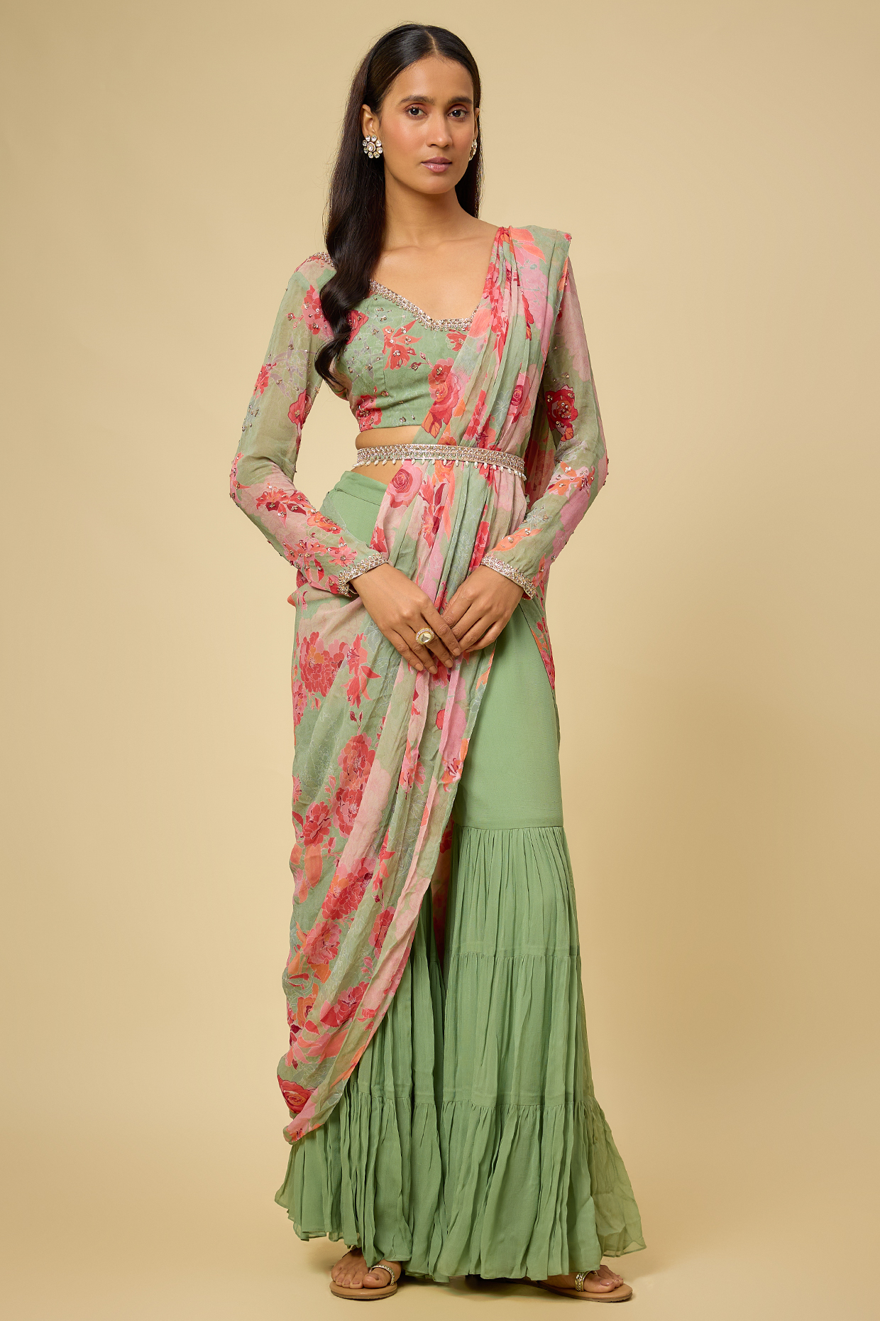 Sage Green Georgette Sharara Party Wear Saree Set by Chhavvi Aggarwal at Pernia's Pop Up Shop