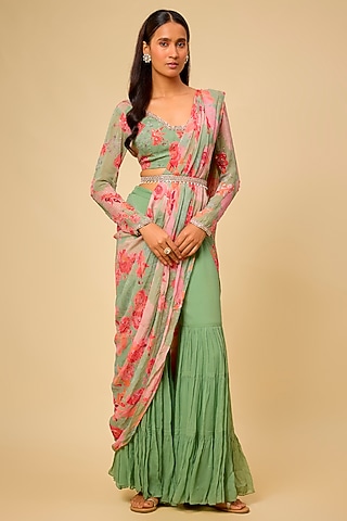 Sage Green Georgette Sharara Saree Set by Chhavvi Aggarwal