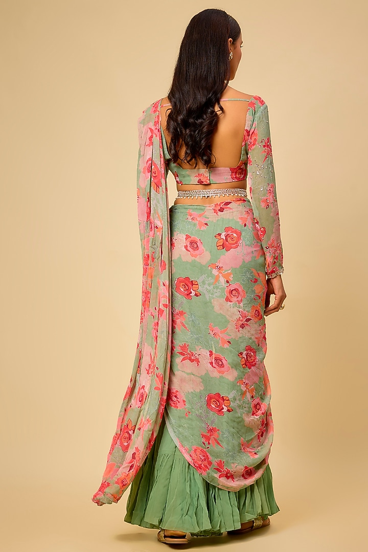 Sage Green Georgette Sharara Wedding Saree Set by Chhavvi Aggarwal at Pernia's Pop Up Shop