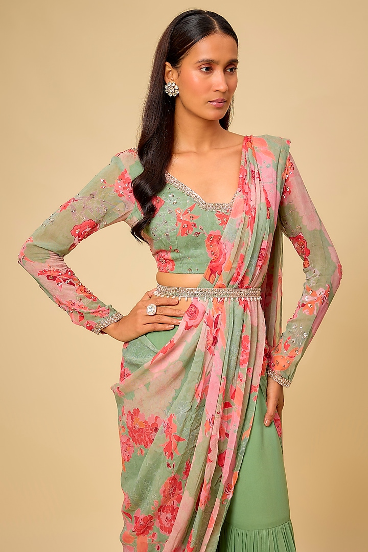 Sage Green Georgette Sharara Wedding Saree Set by Chhavvi Aggarwal at Pernia's Pop Up Shop