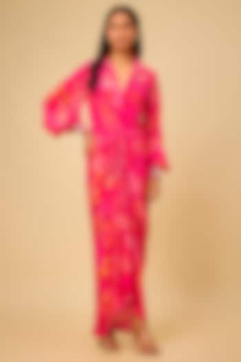 Pink Crepe Printed Draped Vacation Shirt Dress by Chhavvi Aggarwal at Pernia's Pop Up Shop
