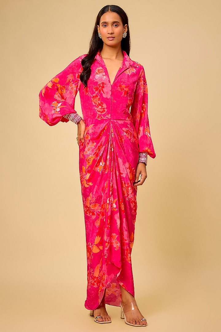 Pink Crepe Printed Draped Vacation Shirt Dress by Chhavvi Aggarwal at Pernia's Pop Up Shop
