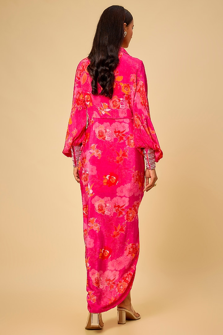 Pink Crepe Printed Draped Vacation Shirt Dress by Chhavvi Aggarwal at Pernia's Pop Up Shop