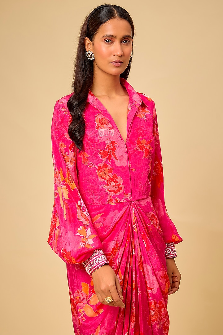 Pink Crepe Printed Draped Vacation Shirt Dress by Chhavvi Aggarwal at Pernia's Pop Up Shop