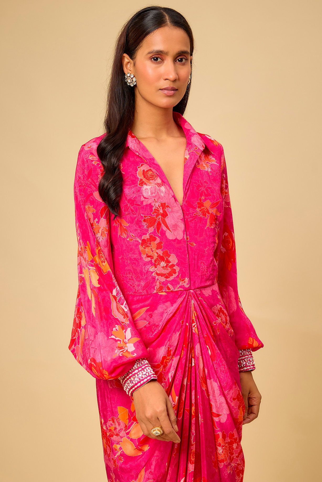 Pink Crepe Printed Draped Vacation Shirt Dress by Chhavvi Aggarwal