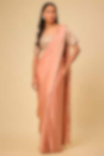 Blush Pink Satin Pre-Stitched Wedding Saree Set by Chhavvi Aggarwal at Pernia's Pop Up Shop