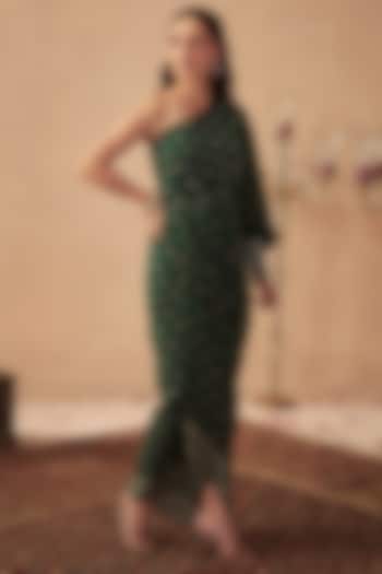 Green Crepe Embroidered & Printed One-Shoulder Vacation Dress by Chhavvi Aggarwal at Pernia's Pop Up Shop