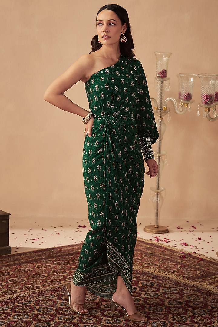Green Crepe Embroidered & Printed One-Shoulder Vacation Dress by Chhavvi Aggarwal at Pernia's Pop Up Shop