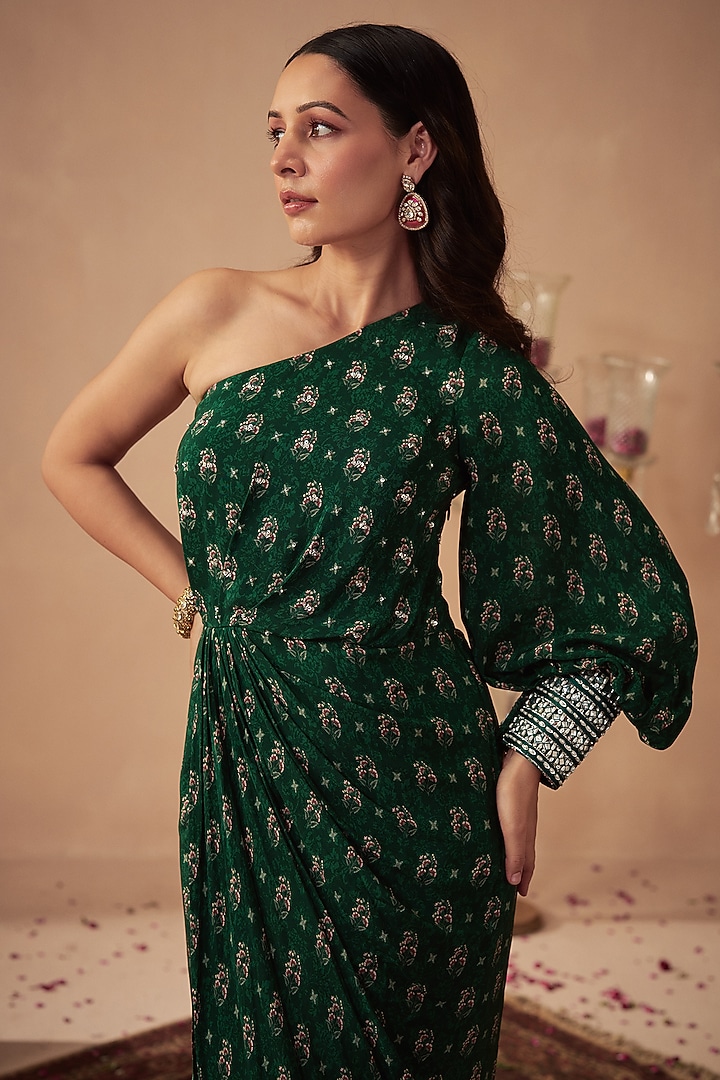 Green Crepe Embroidered & Printed One-Shoulder Vacation Dress by Chhavvi Aggarwal at Pernia's Pop Up Shop
