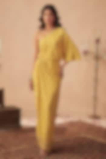 Yellow Crepe Printed & Embroidered One-Shoulder Vacation Dress by Chhavvi Aggarwal at Pernia's Pop Up Shop