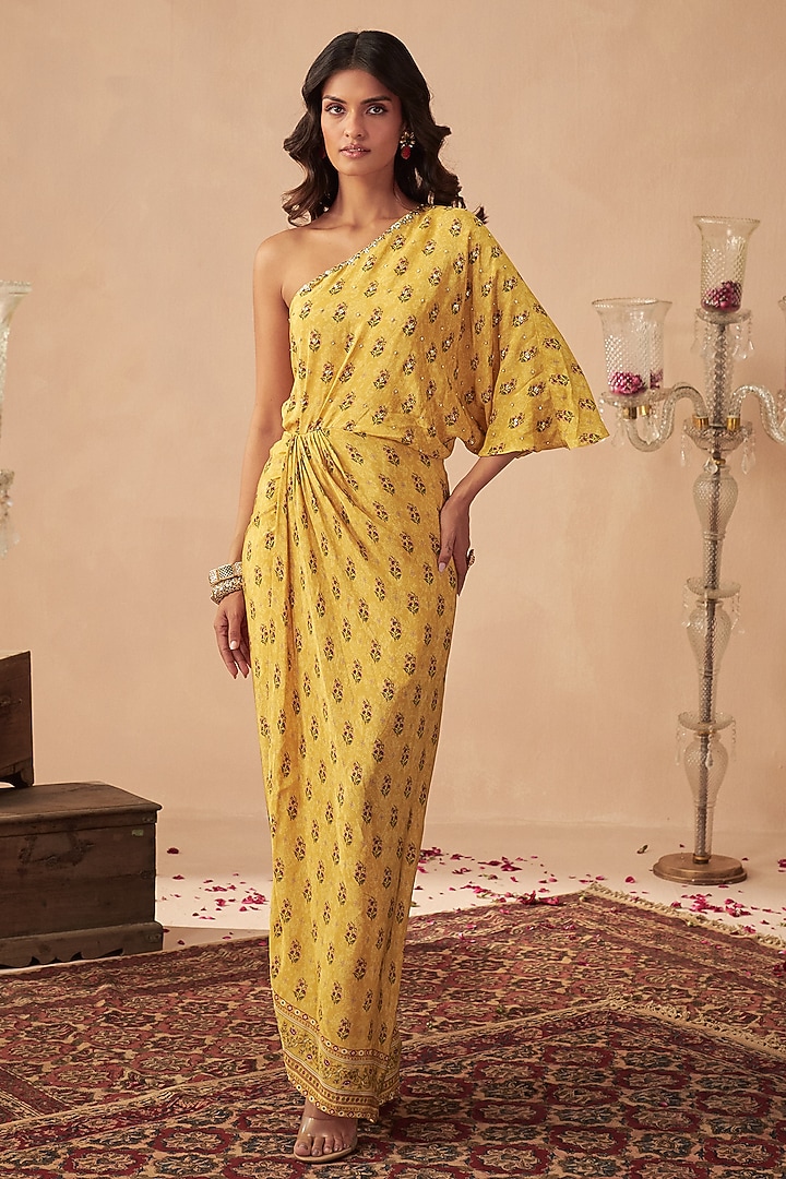Yellow Crepe Printed & Embroidered One-Shoulder Vacation Dress by Chhavvi Aggarwal at Pernia's Pop Up Shop