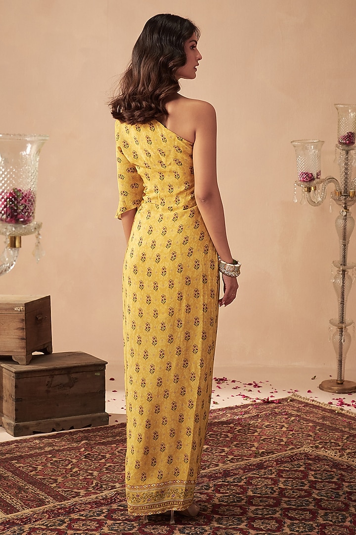 Yellow Crepe Printed & Embroidered One-Shoulder Vacation Dress by Chhavvi Aggarwal at Pernia's Pop Up Shop