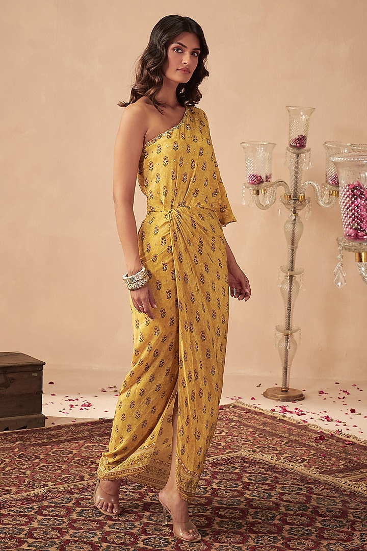 Yellow Crepe Printed & Embroidered One-Shoulder Vacation Dress by Chhavvi Aggarwal at Pernia's Pop Up Shop