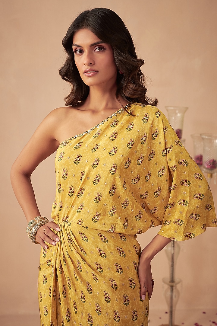 Yellow Crepe Printed & Embroidered One-Shoulder Vacation Dress by Chhavvi Aggarwal at Pernia's Pop Up Shop