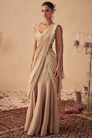 Rose Gold Tissue Lehenga Saree Set by Chhavvi Aggarwal
