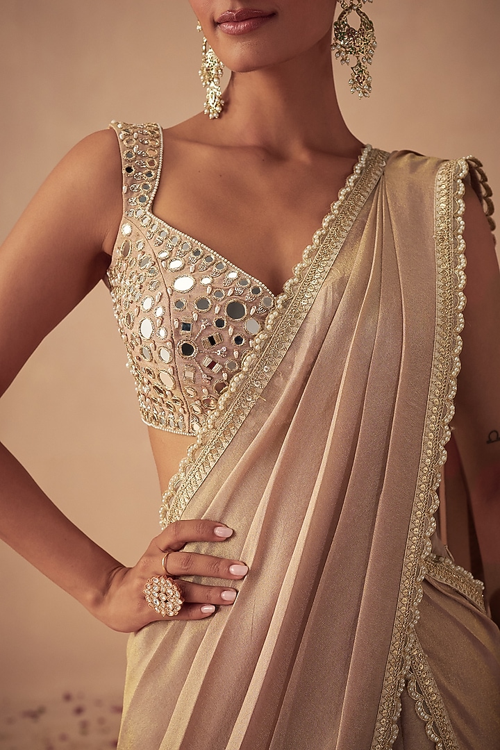 Rose Gold Tissue Wedding Lehenga Saree Set by Chhavvi Aggarwal at Pernia's Pop Up Shop