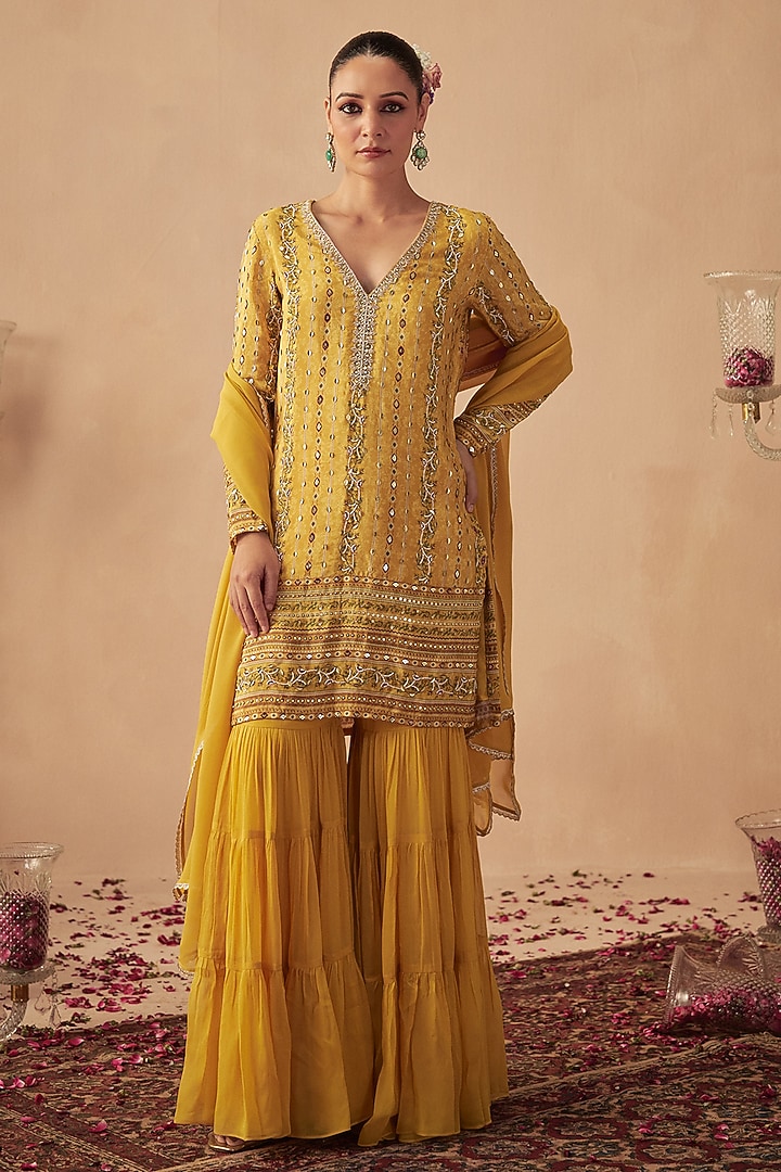 Yellow Georgette Tiered Wedding Sharara Set by Chhavvi Aggarwal at Pernia's Pop Up Shop