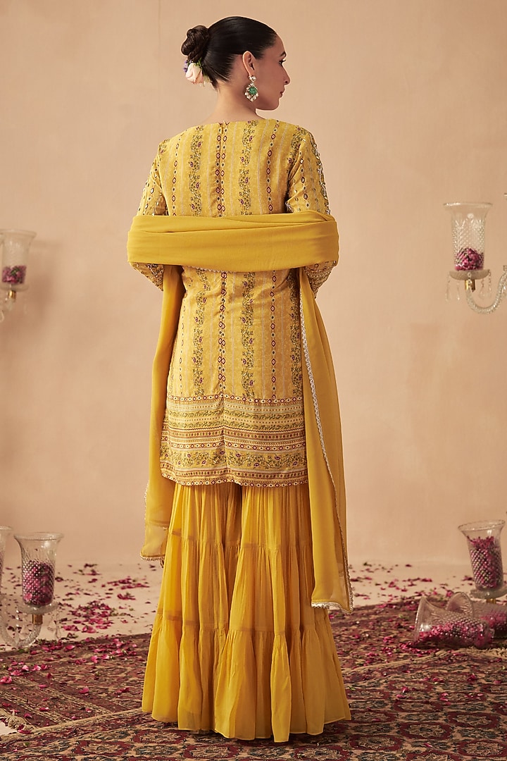 Yellow Georgette Tiered Wedding Sharara Set by Chhavvi Aggarwal at Pernia's Pop Up Shop