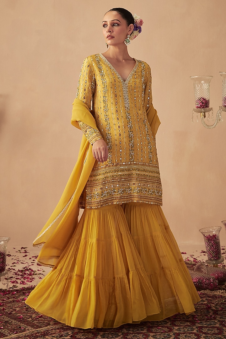 Yellow Georgette Tiered Wedding Sharara Set by Chhavvi Aggarwal at Pernia's Pop Up Shop