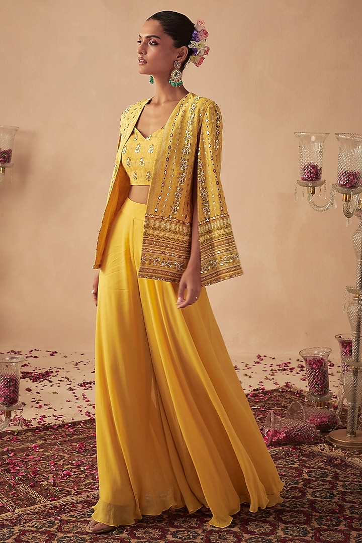 Yellow Crepe Printed & Embroidered Jacket Set by Chhavvi Aggarwal at Pernia's Pop Up Shop