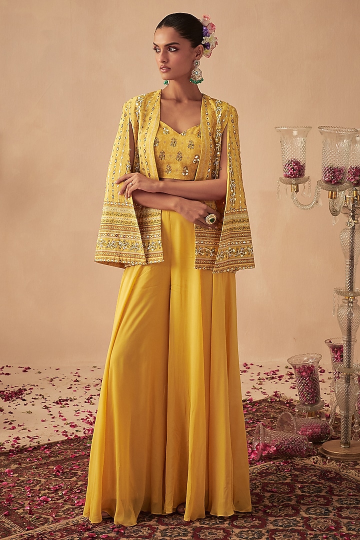Yellow Crepe Printed & Embroidered Jacket Set by Chhavvi Aggarwal at Pernia's Pop Up Shop