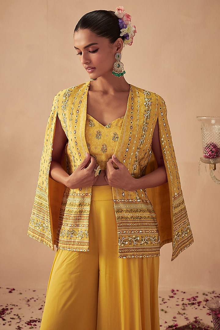 Yellow Crepe Printed & Embroidered Jacket Set by Chhavvi Aggarwal at Pernia's Pop Up Shop