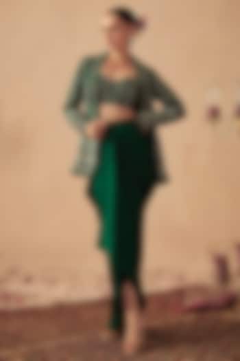 Green Crepe Printed & Hand Embroidered Jacket Set by Chhavvi Aggarwal at Pernia's Pop Up Shop