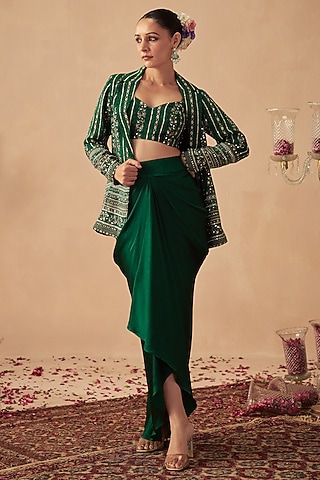 Green Crepe Printed & Hand Embroidered Jacket Set by Chhavvi Aggarwal