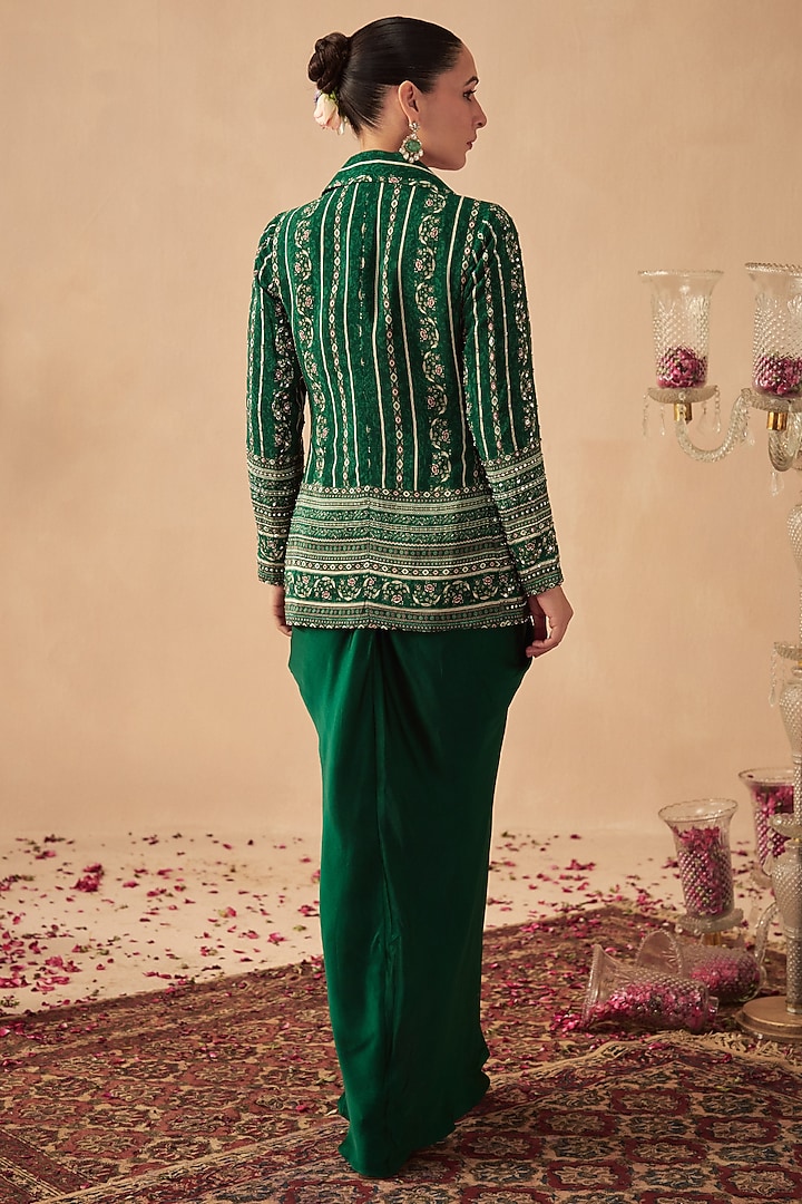 Green Crepe Printed & Hand Embroidered Jacket Set by Chhavvi Aggarwal at Pernia's Pop Up Shop