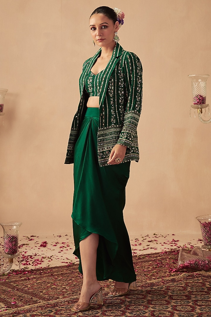 Green Crepe Printed & Hand Embroidered Jacket Set by Chhavvi Aggarwal at Pernia's Pop Up Shop